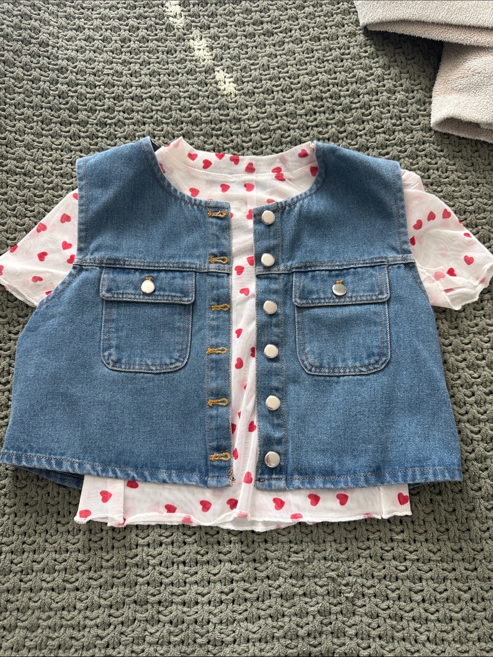 Girls Blue Denim Vest with Heart-Print Tee Set
